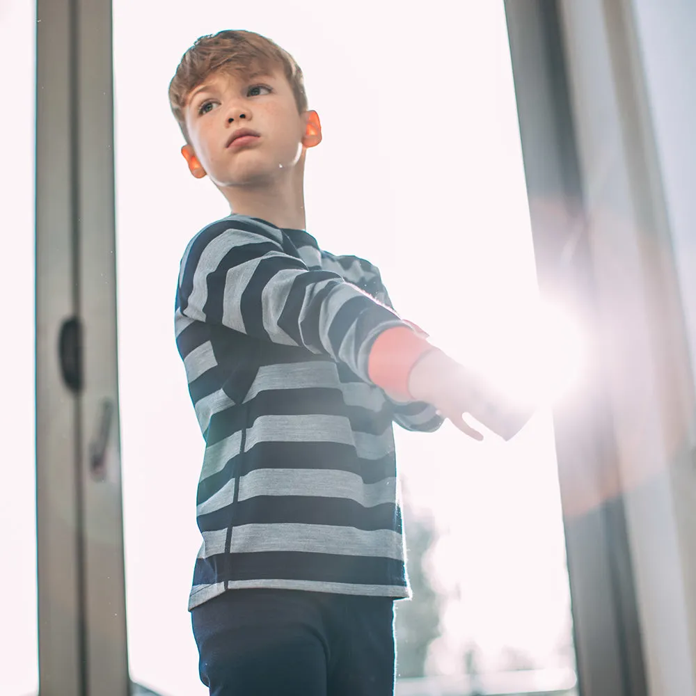 Junior Merino Blend 200 Long Sleeve Crew (Stripe Navy/Sky)