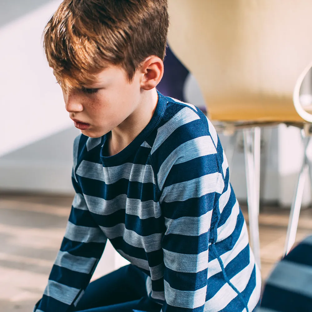 Junior Merino Blend 200 Long Sleeve Crew (Stripe Navy/Sky)