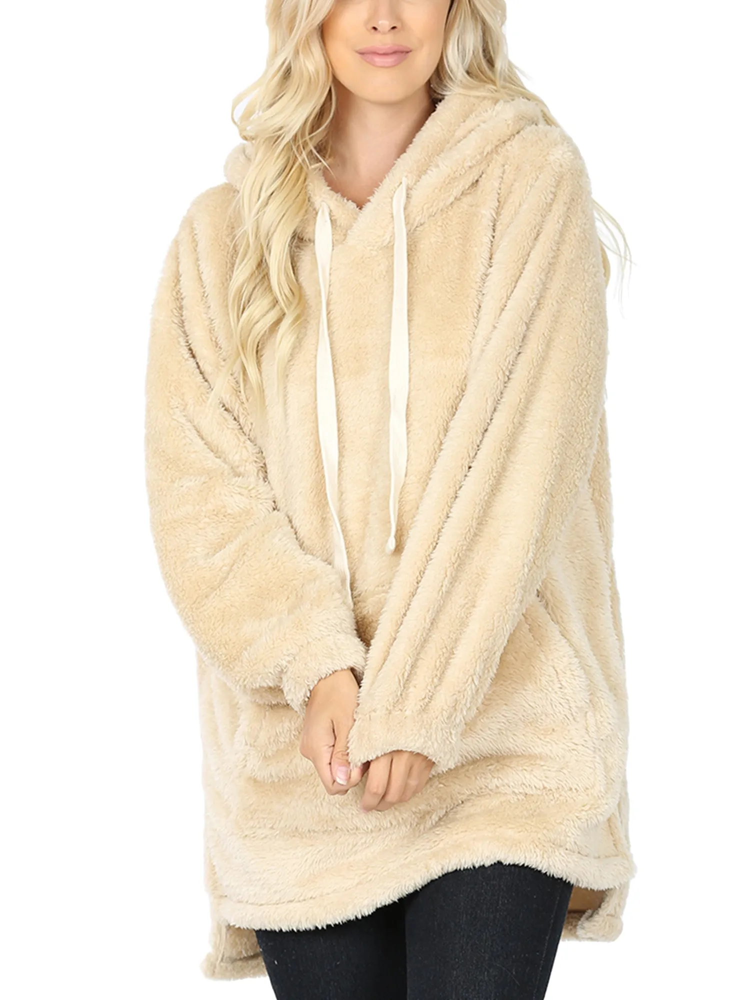 KOGMO Women's Soft Faux Fur Hoodie Sweater with Kangaroo Pockets