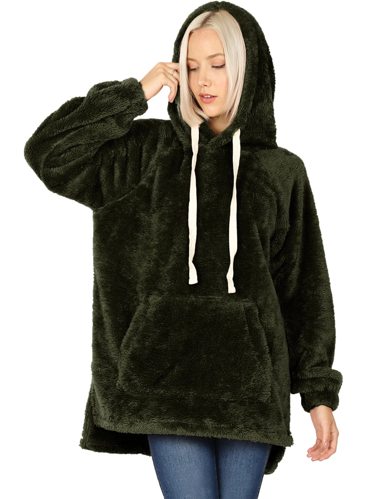 KOGMO Women's Soft Faux Fur Hoodie Sweater with Kangaroo Pockets