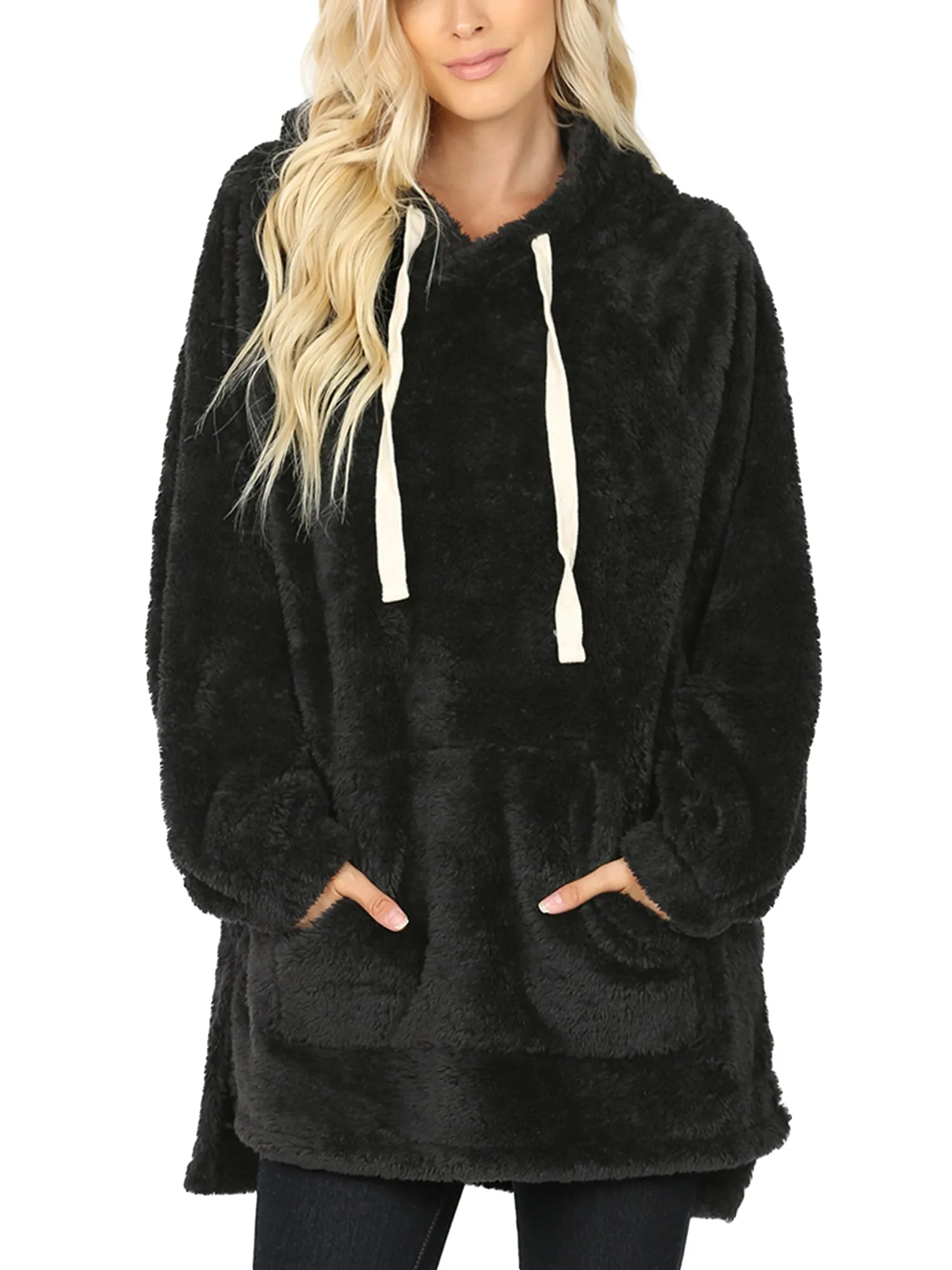 KOGMO Women's Soft Faux Fur Hoodie Sweater with Kangaroo Pockets