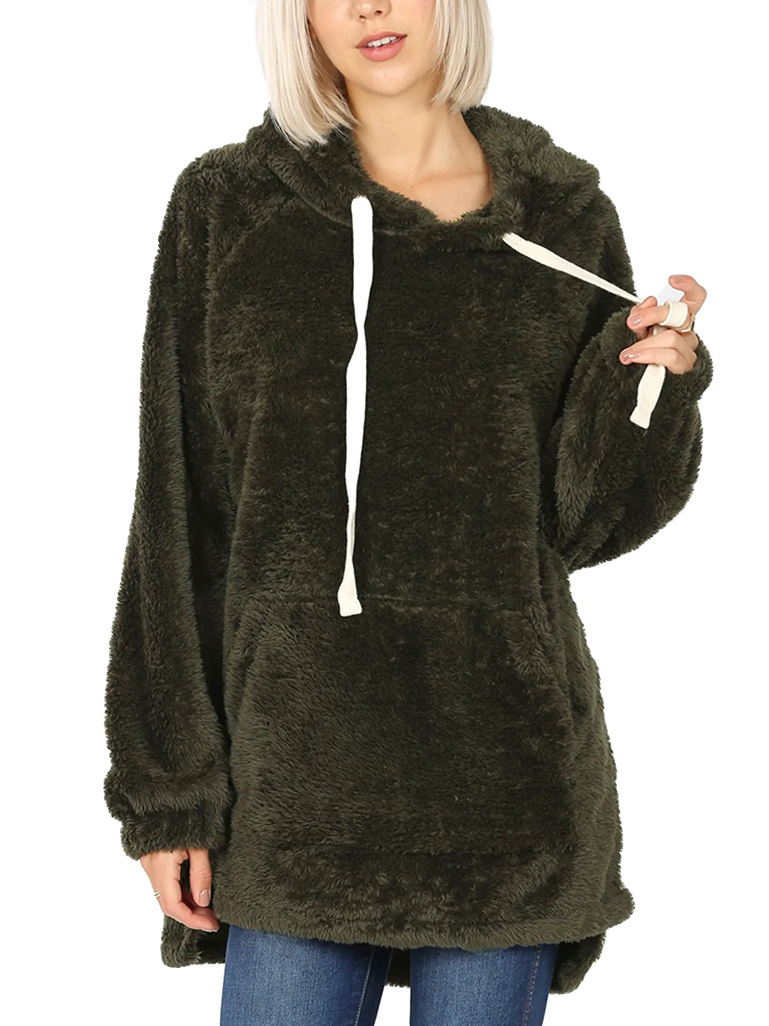 KOGMO Women's Soft Faux Fur Hoodie Sweater with Kangaroo Pockets