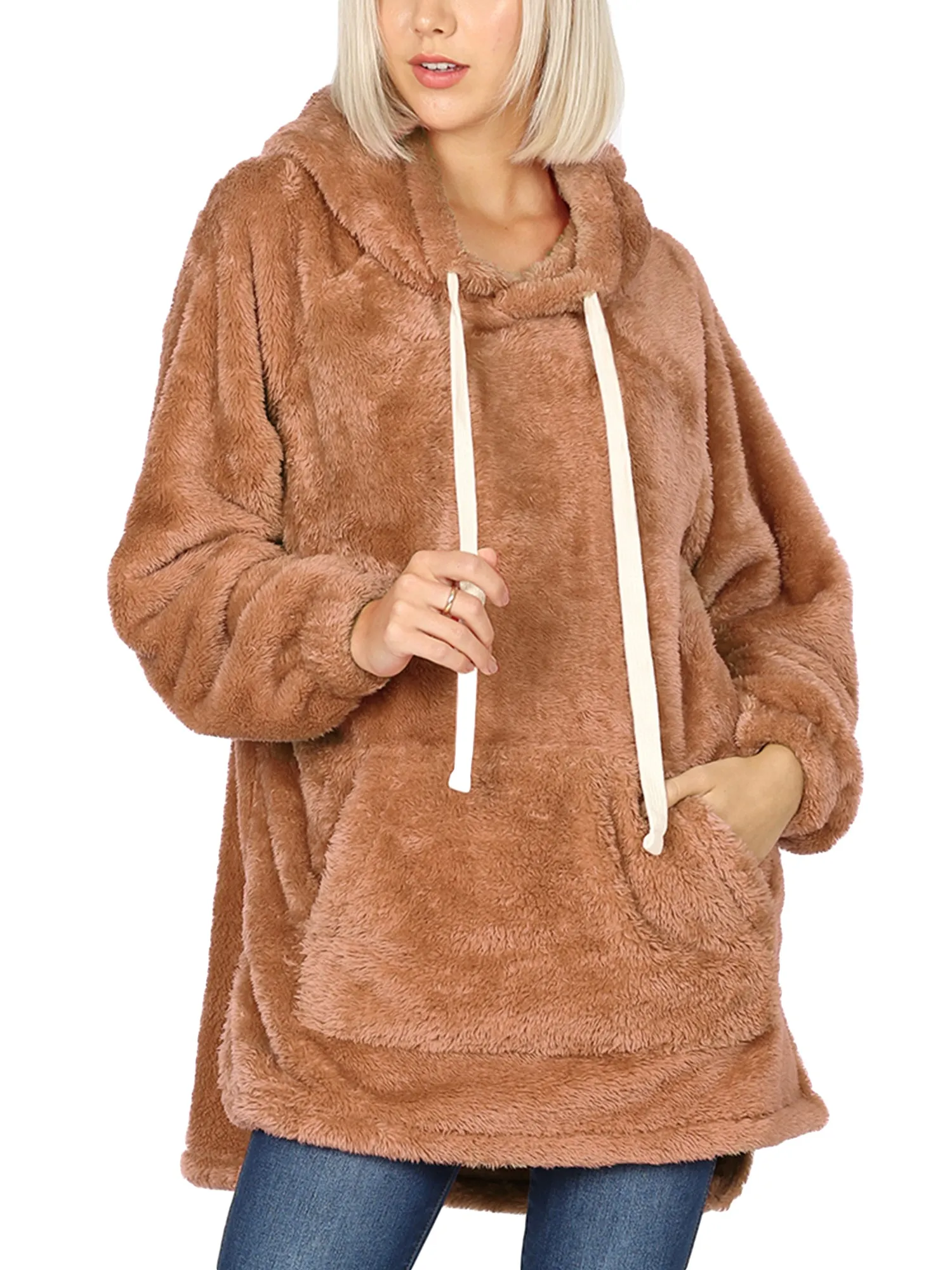 KOGMO Women's Soft Faux Fur Hoodie Sweater with Kangaroo Pockets