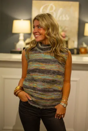 Ladies Knitted Sleeveless Sweater Grey with Multi-Colored Stripe