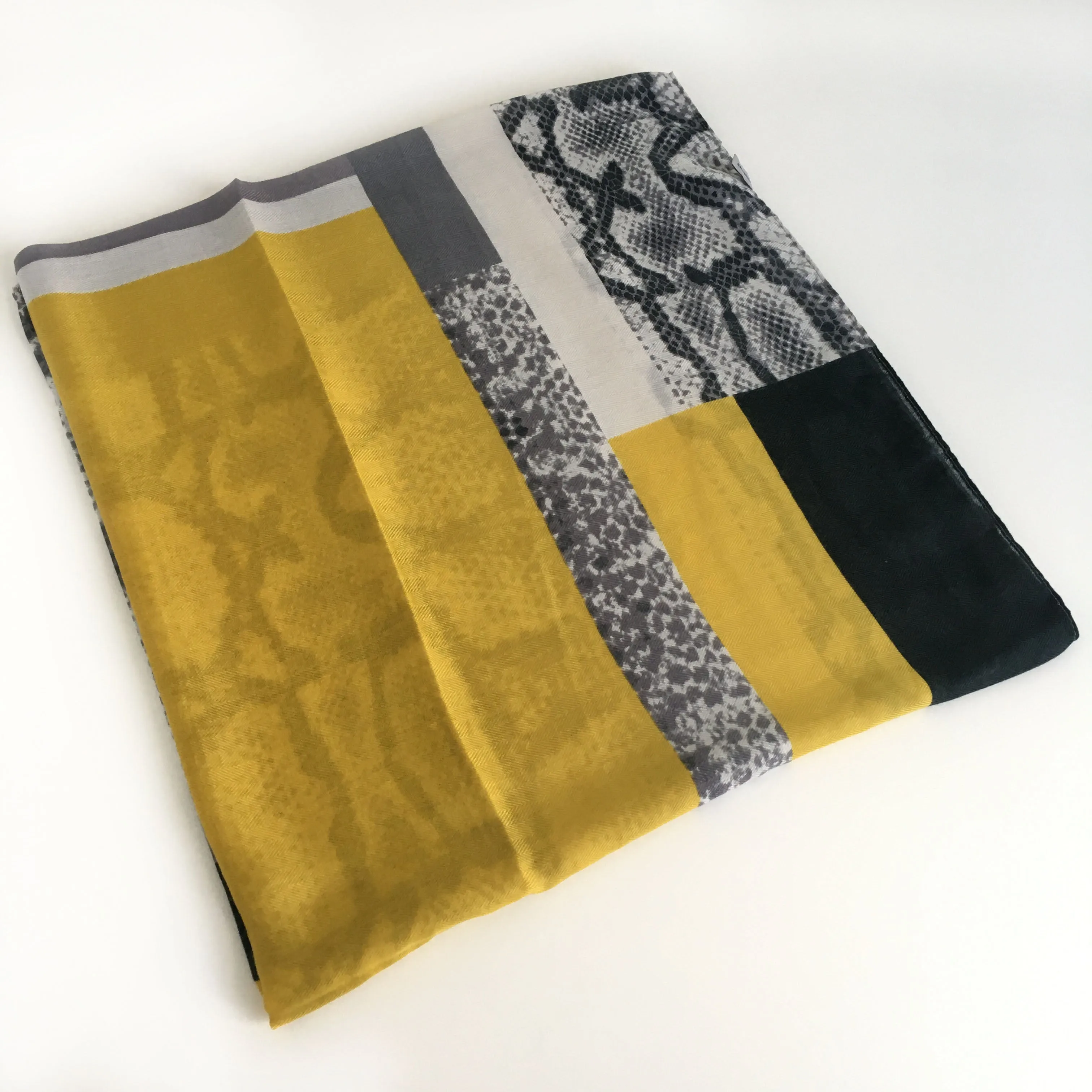 LARGE MUSTARD YELLOW BLOCK PRINT SNAKESKIN SHAWL SCARF