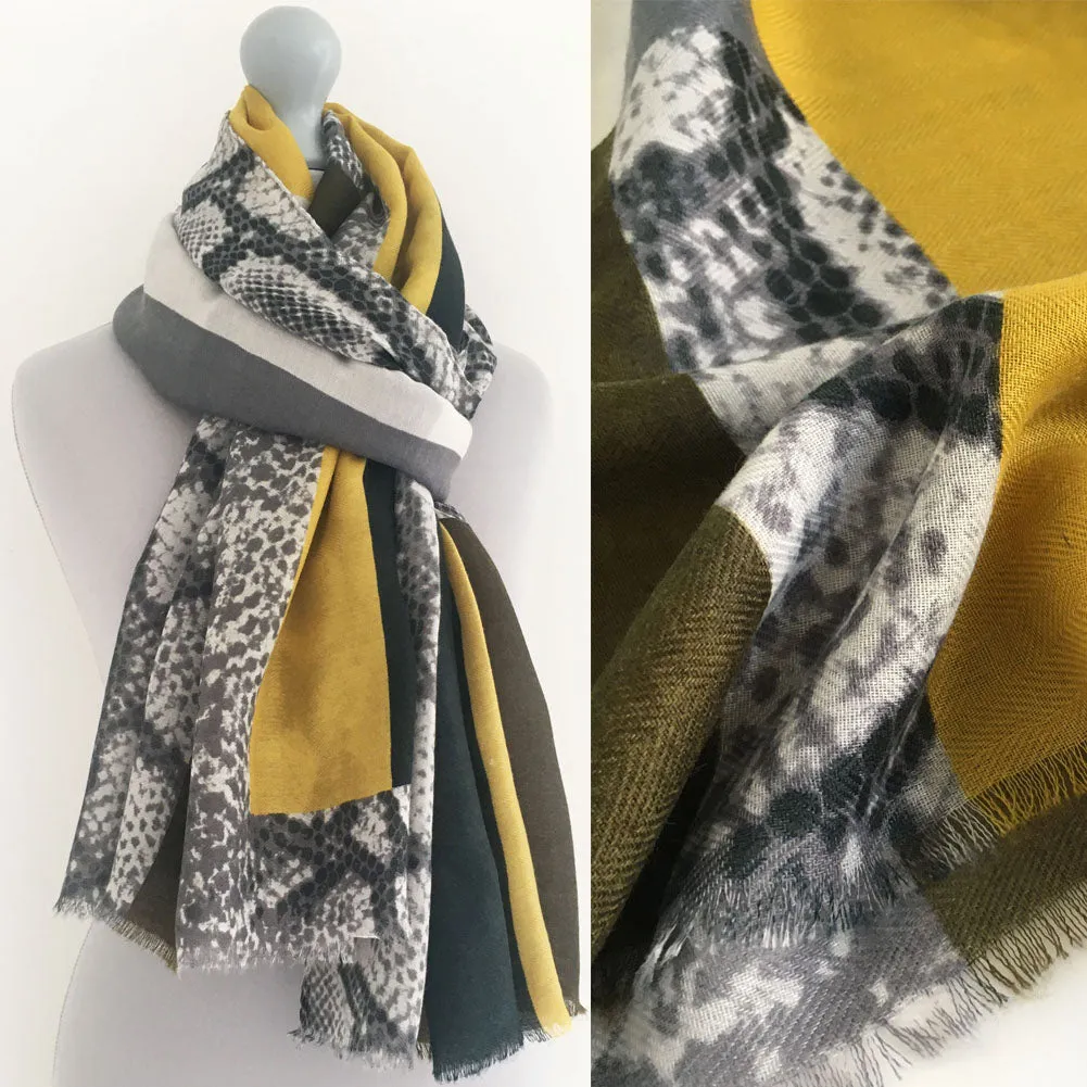 LARGE MUSTARD YELLOW BLOCK PRINT SNAKESKIN SHAWL SCARF