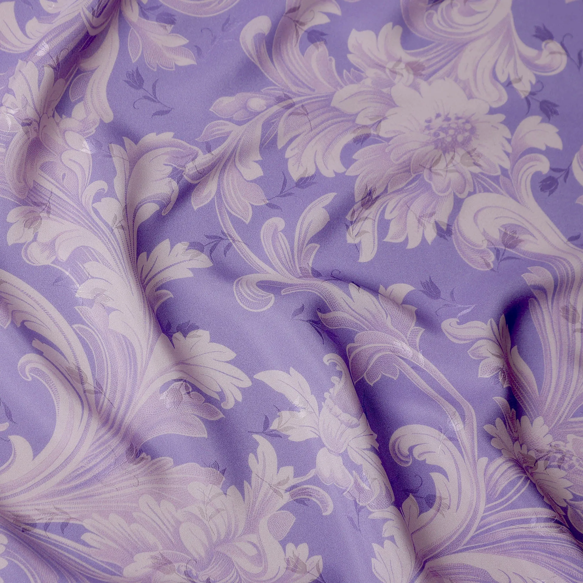 Lavender and Ivory Baroque Print Pure Silk Satin Fabric, 140 cm Width, Made in Italy -D21170