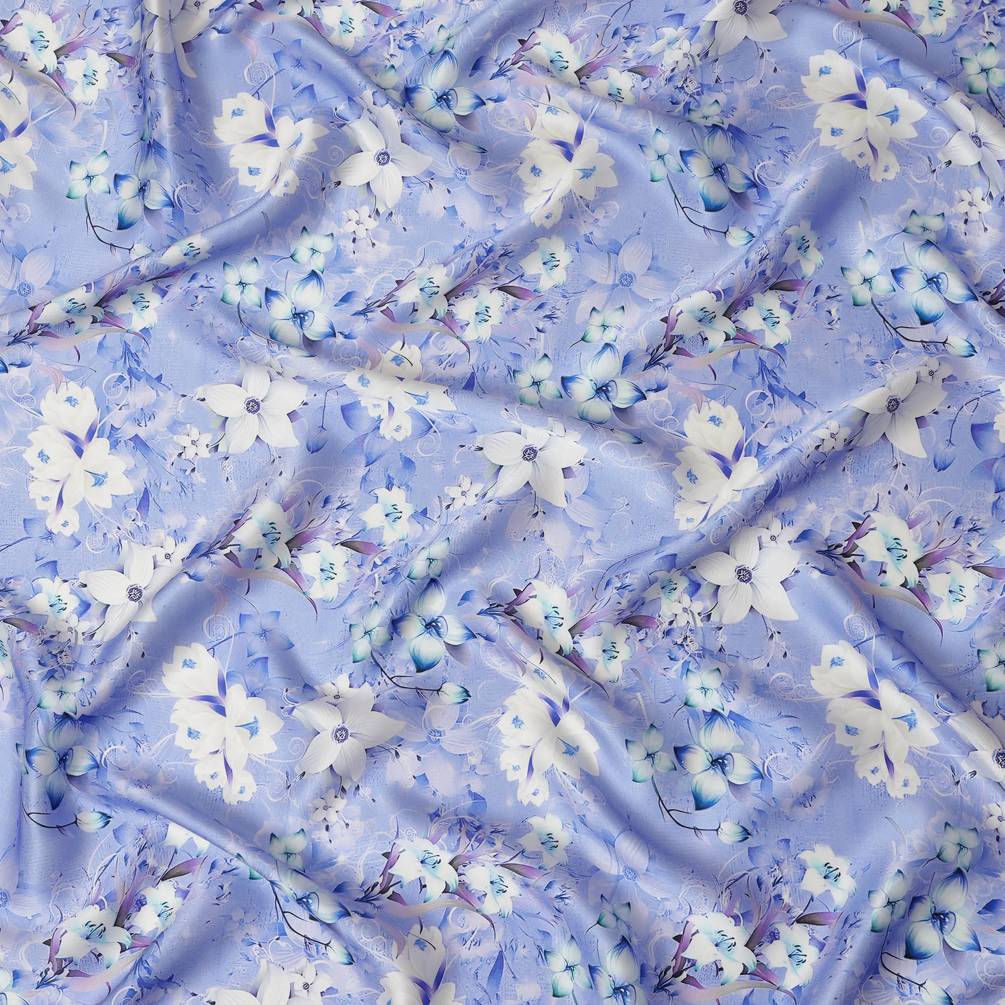 Lavender Blue Floral Pure Silk Satin Fabric - 140 cm Width, Made in Italy-D20737