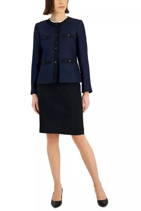 Le Suit Houndstooth Jewel Neck Jacket & Print Skirt Suit