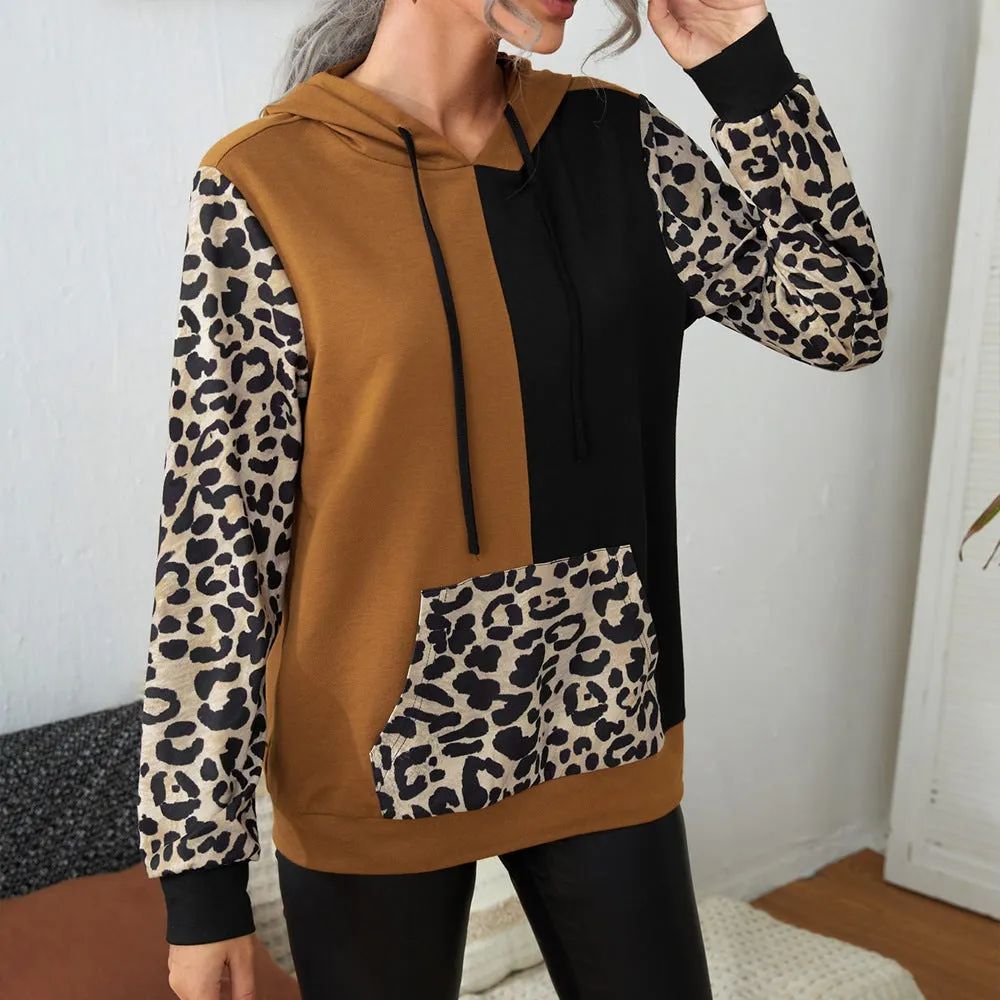 Leopard Color Block Tunic Hoodie with Kangaroo Pocket