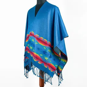 Lightweight Thin Alpaca Wool UNISEX Ruana Cape Poncho/Shawl - Blue with authentic pattern