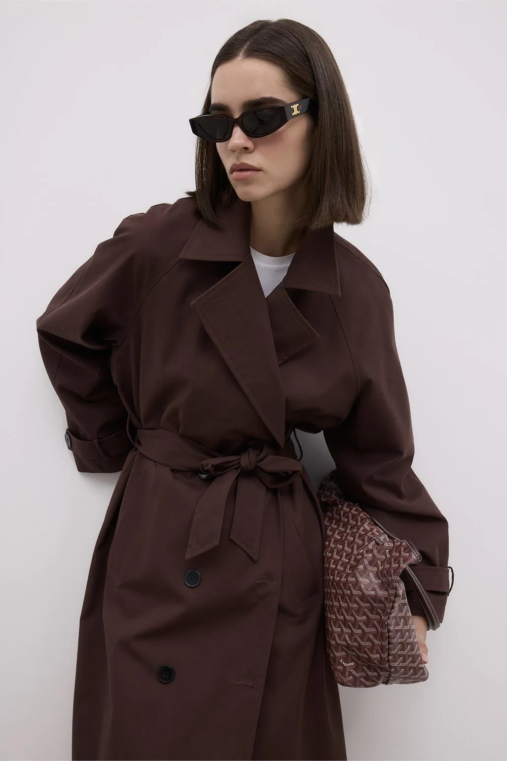 Long Trench Coat with Premium Collar Brown