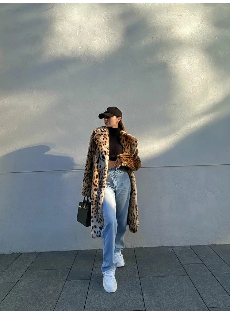 Long Warm Thick Leopard Faux Fur Jacket  for Women