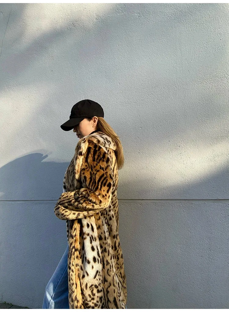 Long Warm Thick Leopard Faux Fur Jacket  for Women