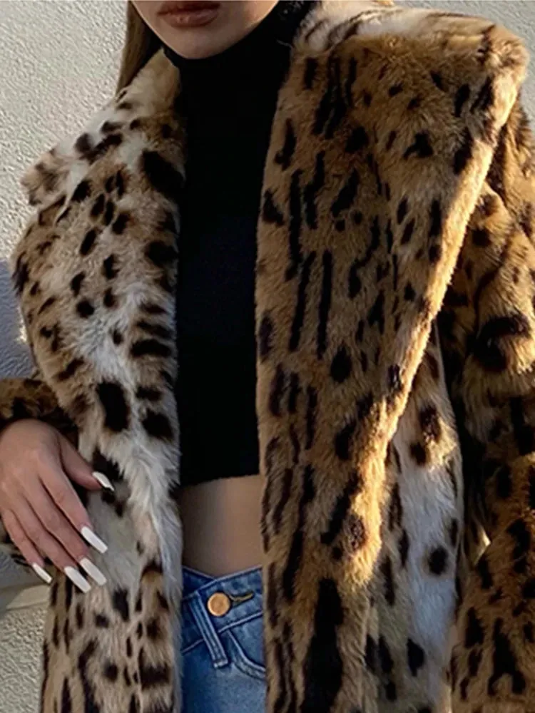 Long Warm Thick Leopard Faux Fur Jacket  for Women