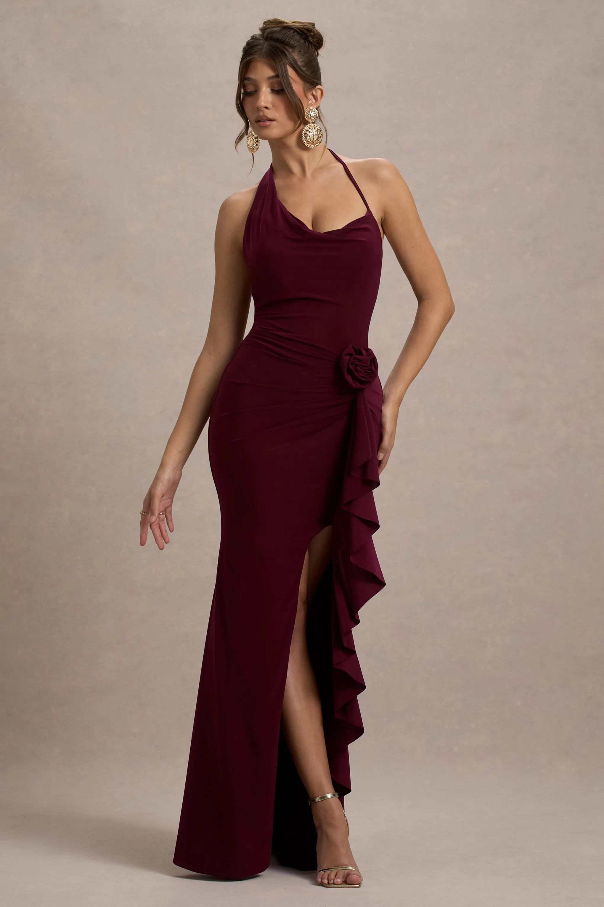 Lucena | Burgundy Cowl-Neck Wrap Maxi Dress With Floral Drape