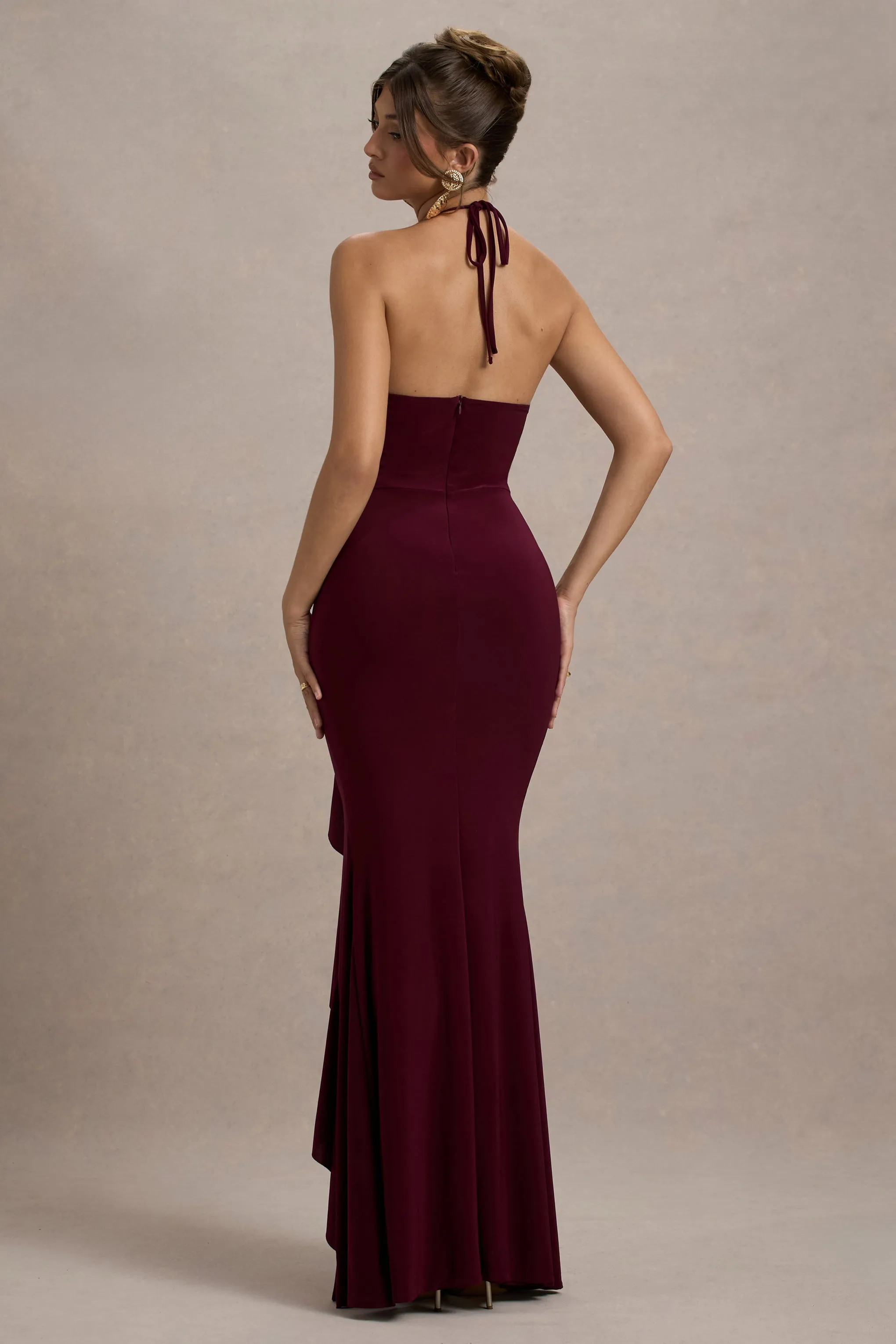 Lucena | Burgundy Cowl-Neck Wrap Maxi Dress With Floral Drape