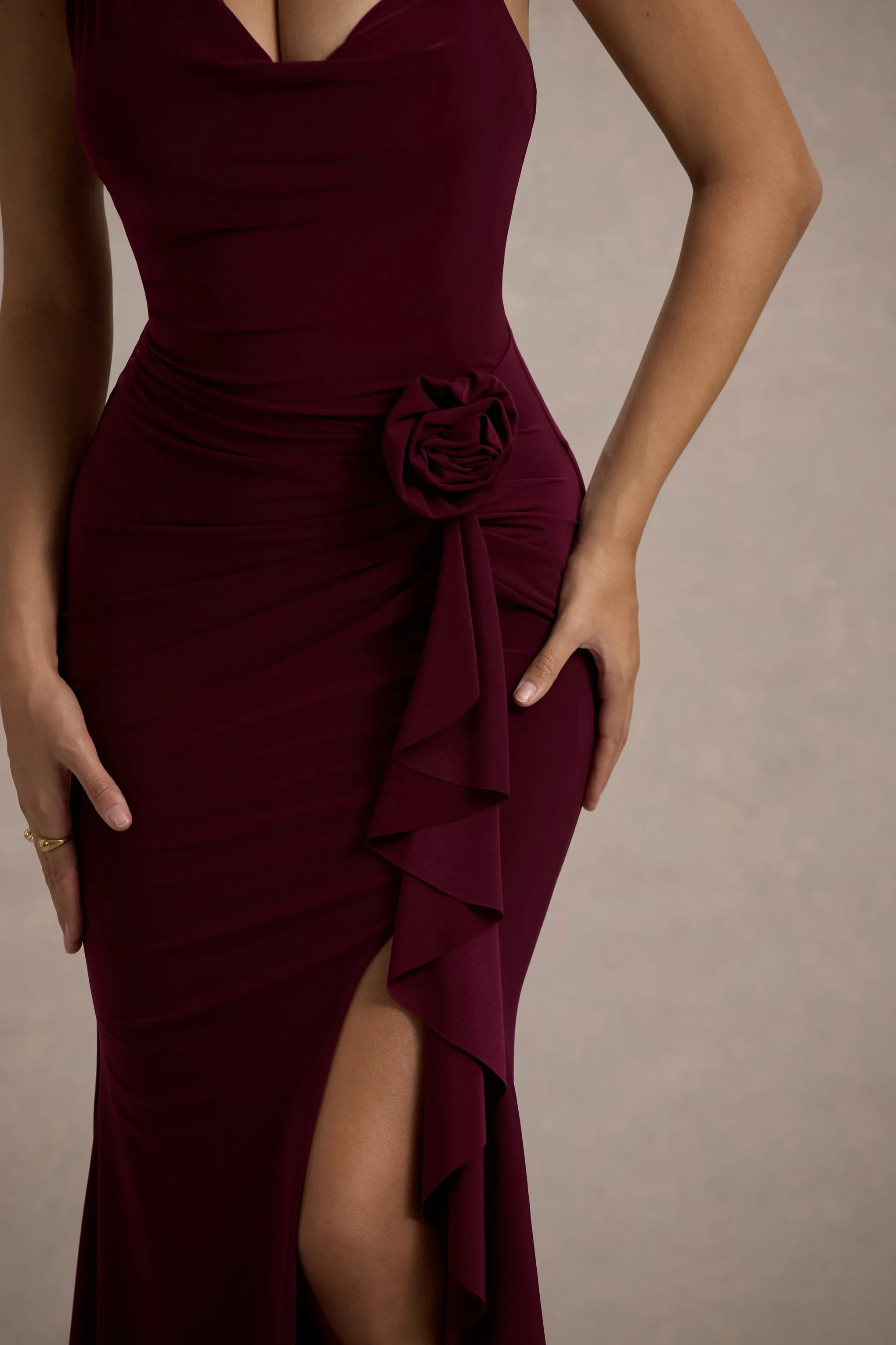 Lucena | Burgundy Cowl-Neck Wrap Maxi Dress With Floral Drape