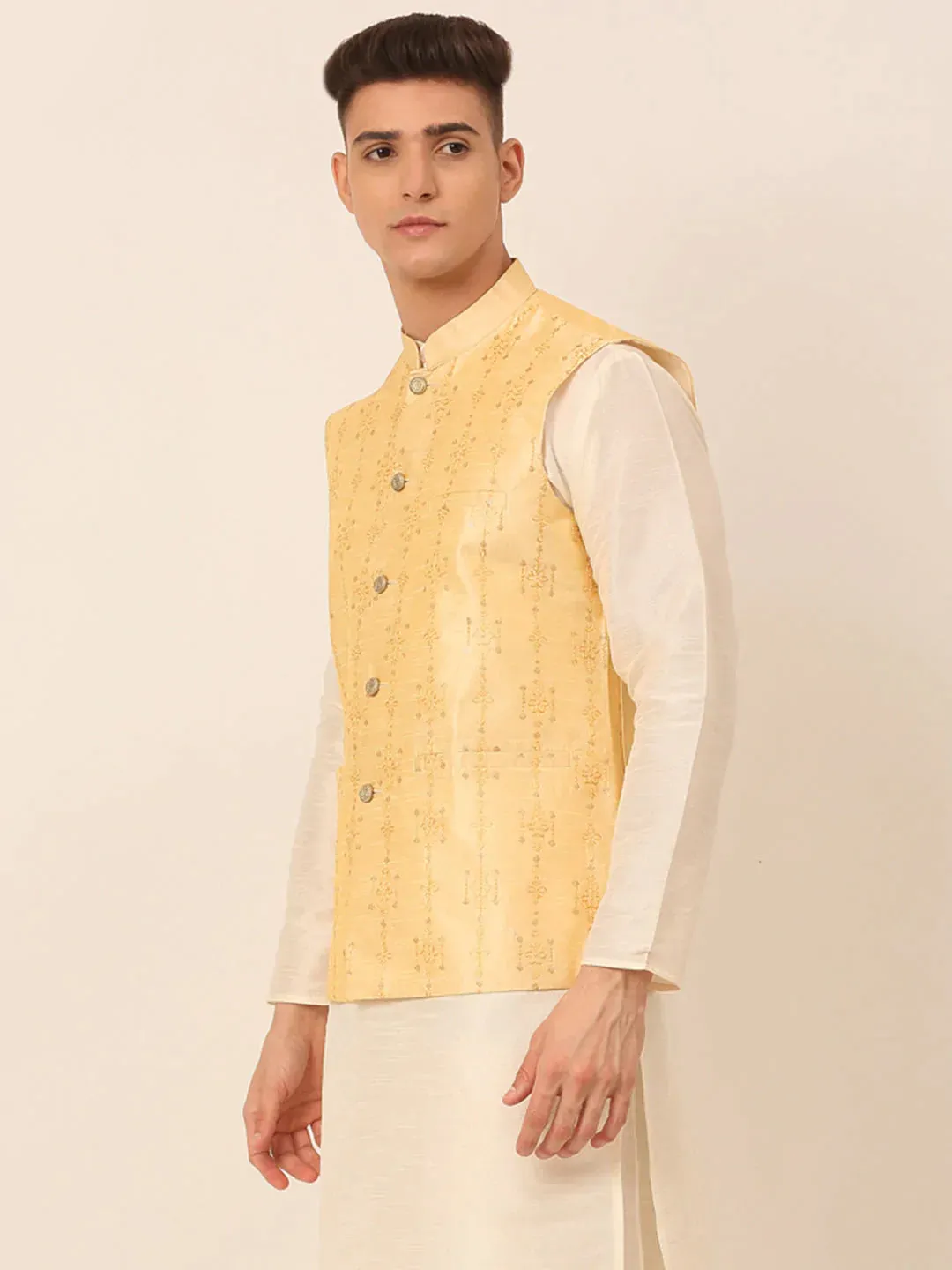 Men Golden Embroidered Woven Nehru Jackets