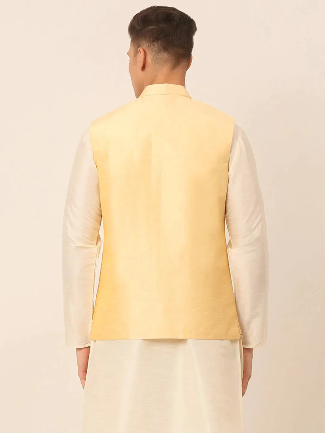 Men Golden Embroidered Woven Nehru Jackets