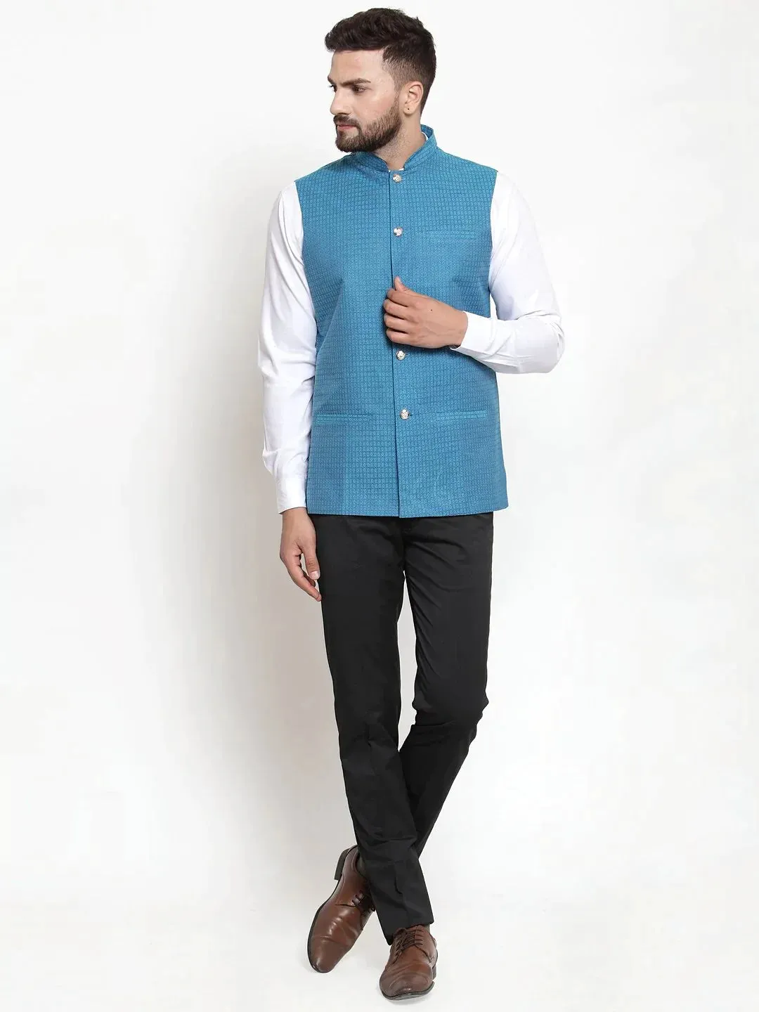 Men Turquoise Blue Woven Design Nehru Jacket