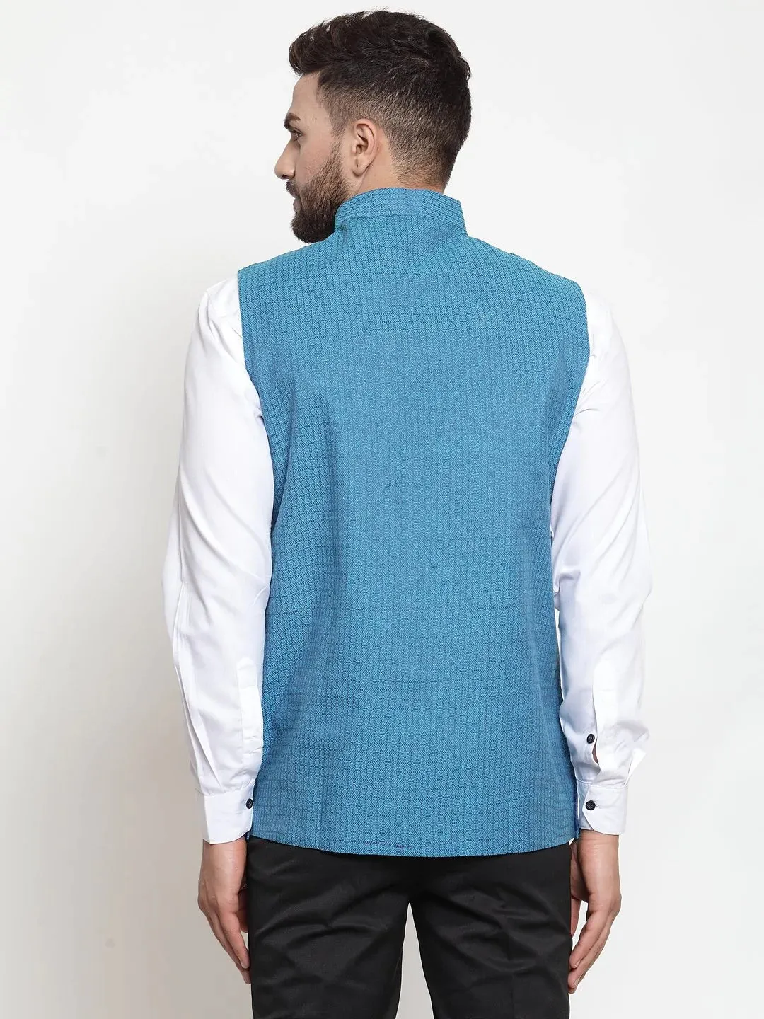 Men Turquoise Blue Woven Design Nehru Jacket