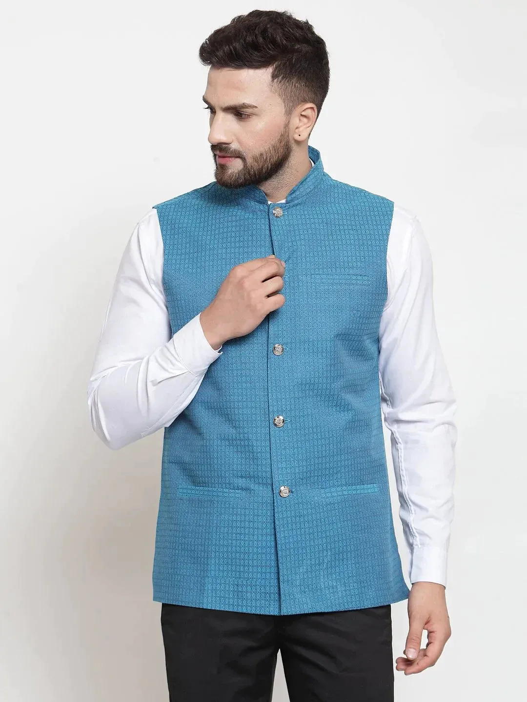 Men Turquoise Blue Woven Design Nehru Jacket