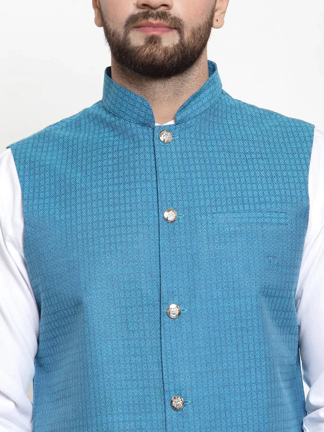 Men Turquoise Blue Woven Design Nehru Jacket