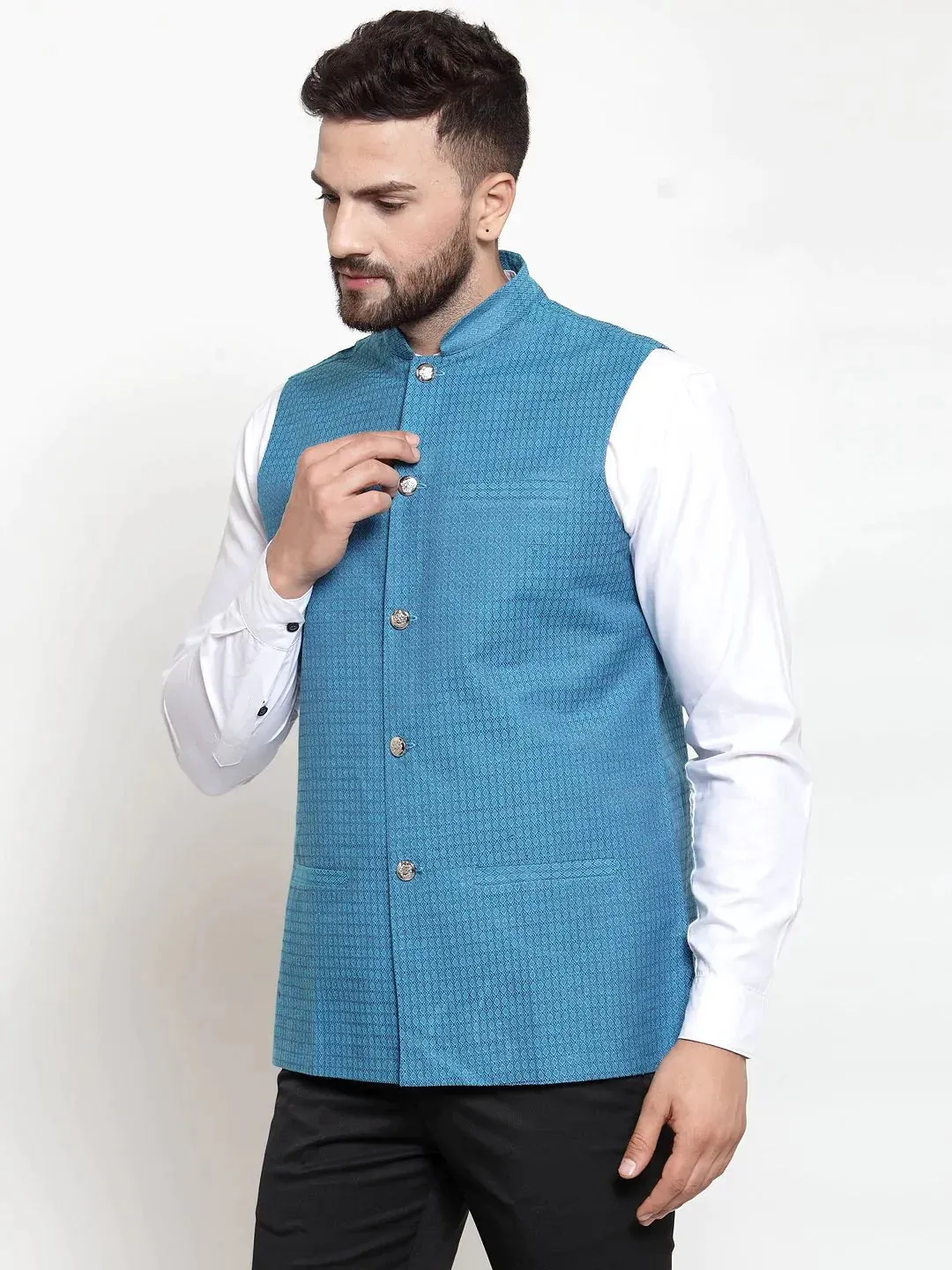 Men Turquoise Blue Woven Design Nehru Jacket