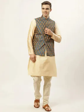 Men'S Golden Dupion Silk Kurta With Churidar & Nehru Jacket