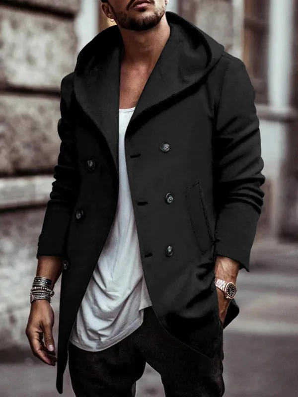 Men's mid-length lapel hooded double-breasted casual trench coat