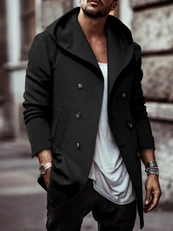 Men's mid-length lapel hooded double-breasted casual trench coat