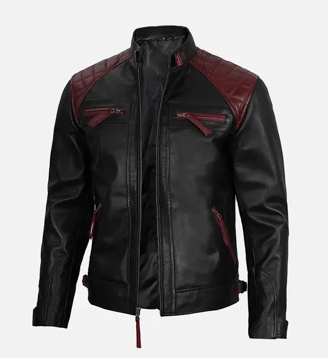 Men's Quilted Cafe Racer Black & Maroon Leather Jacket