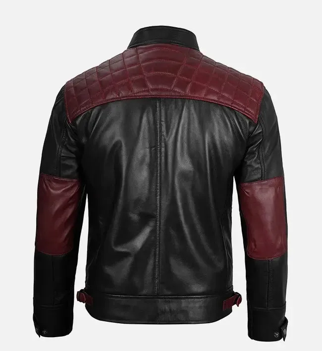 Men's Quilted Cafe Racer Black & Maroon Leather Jacket