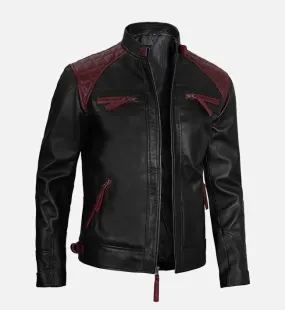 Men's Quilted Cafe Racer Black & Maroon Leather Jacket