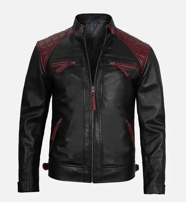 Men's Quilted Cafe Racer Black & Maroon Leather Jacket