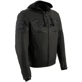 Milwaukee Leather MLM1563 Men's Black Leather Scooter Style Motorcycle Jacket with Reflective Skulls w/ Hoodie