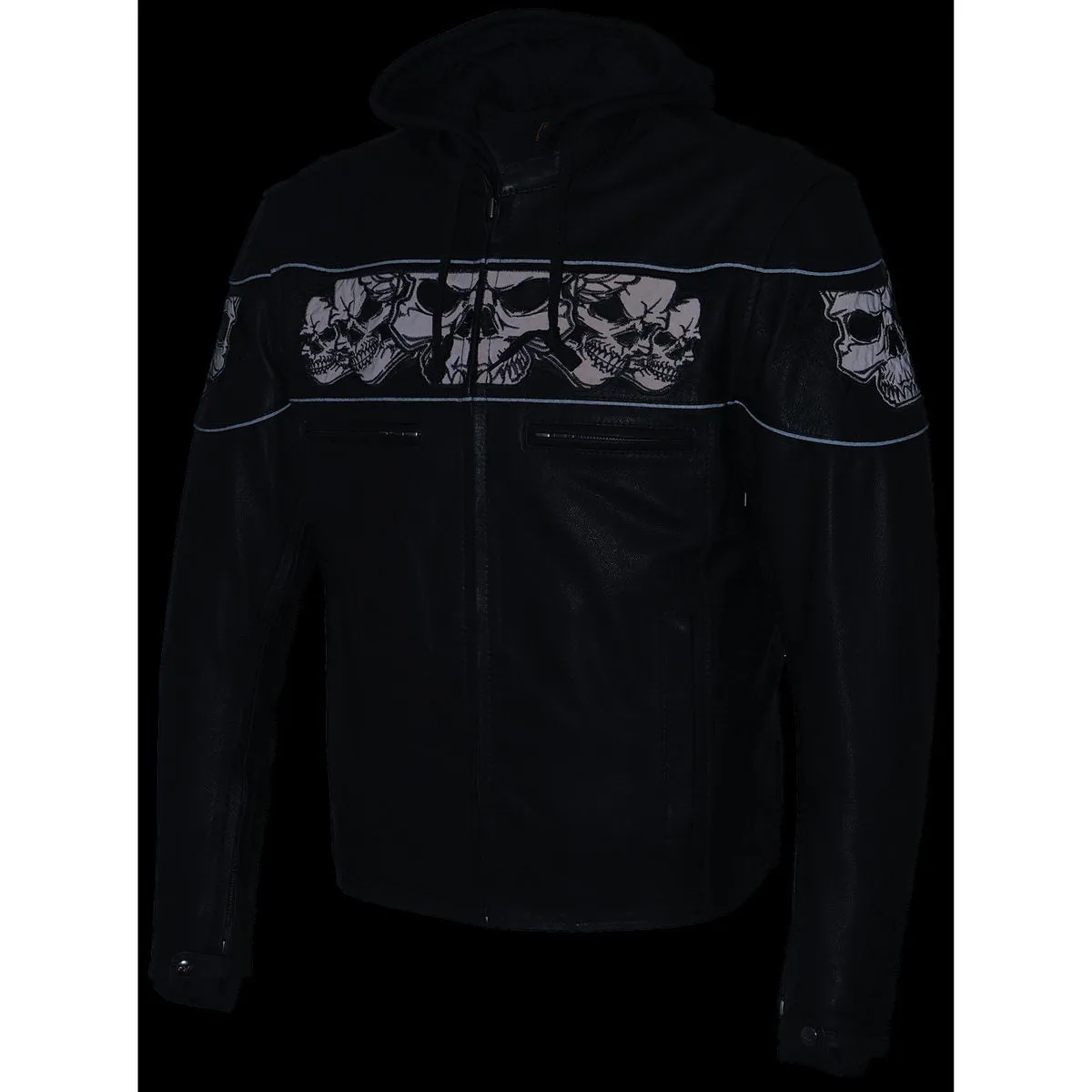 Milwaukee Leather MLM1563 Men's Black Leather Scooter Style Motorcycle Jacket with Reflective Skulls w/ Hoodie