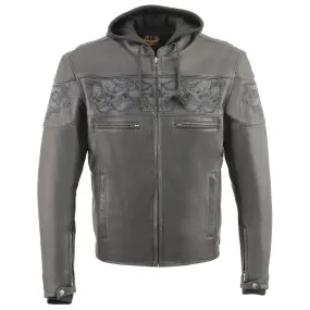 Milwaukee Leather MLM1563 Men's Black Leather Scooter Style Motorcycle Jacket with Reflective Skulls w/ Hoodie