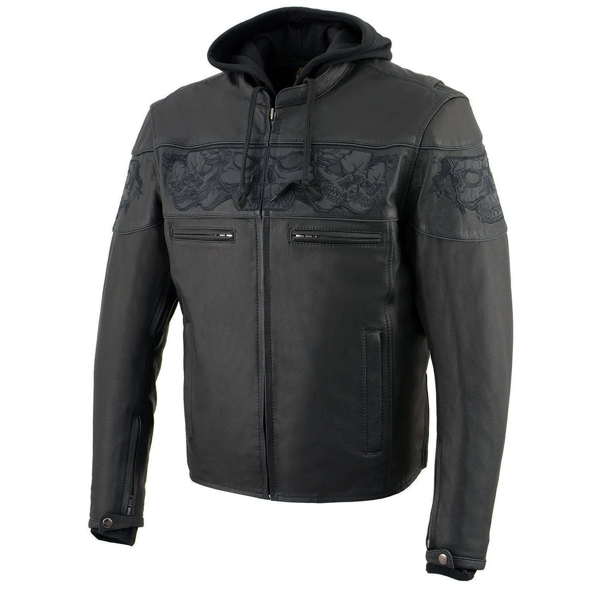 Milwaukee Leather MLM1563 Men's Black Leather Scooter Style Motorcycle Jacket with Reflective Skulls w/ Hoodie