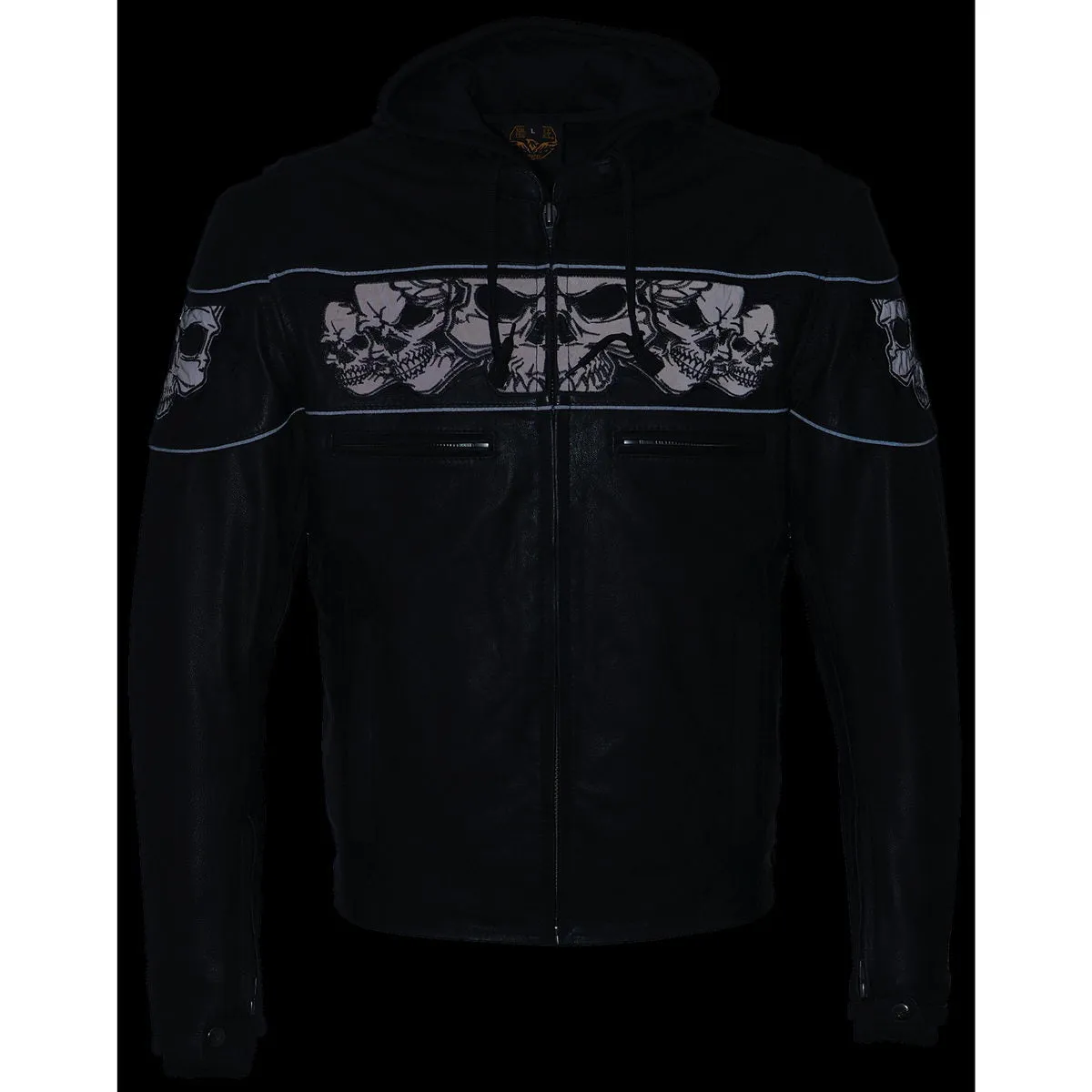 Milwaukee Leather MLM1563 Men's Black Leather Scooter Style Motorcycle Jacket with Reflective Skulls w/ Hoodie