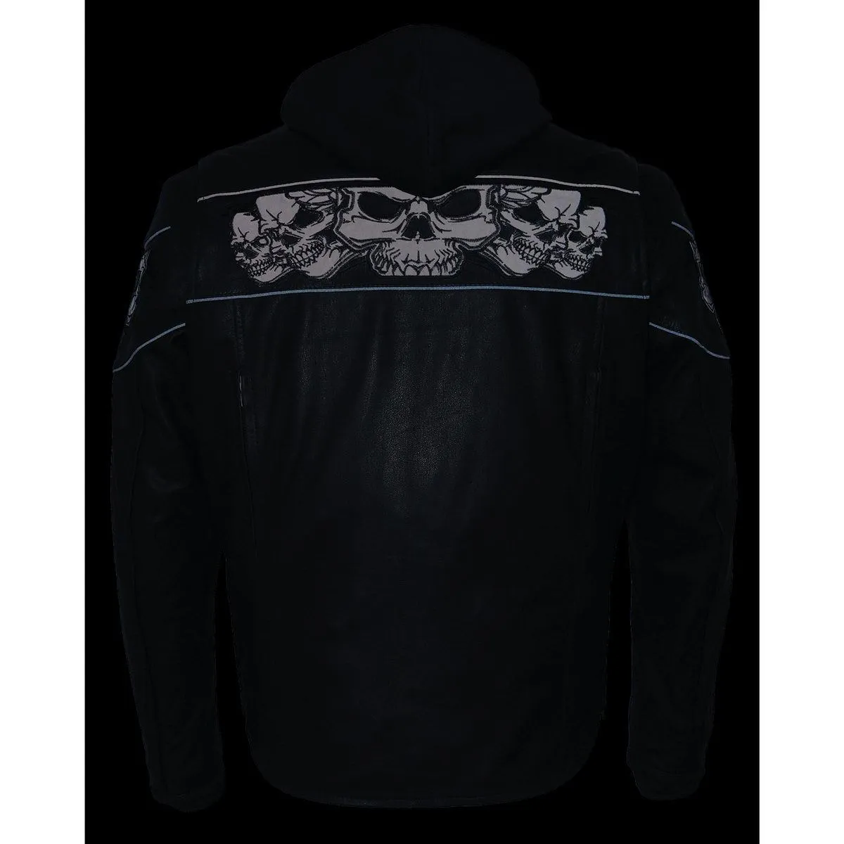 Milwaukee Leather MLM1563 Men's Black Leather Scooter Style Motorcycle Jacket with Reflective Skulls w/ Hoodie