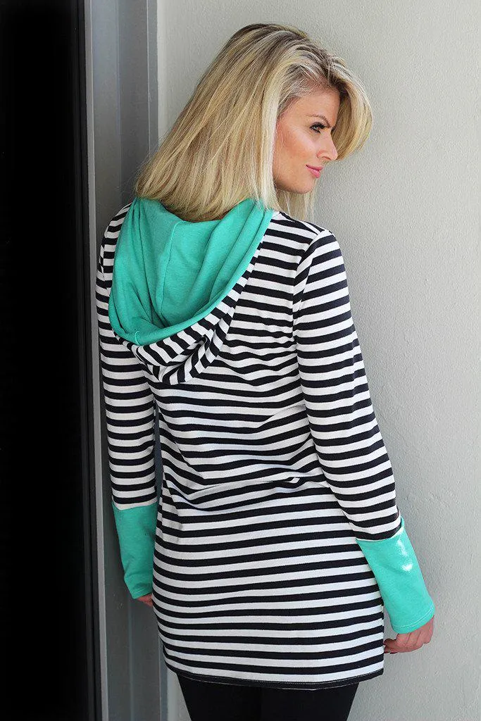 Mint and Black Striped Hooded Tunic