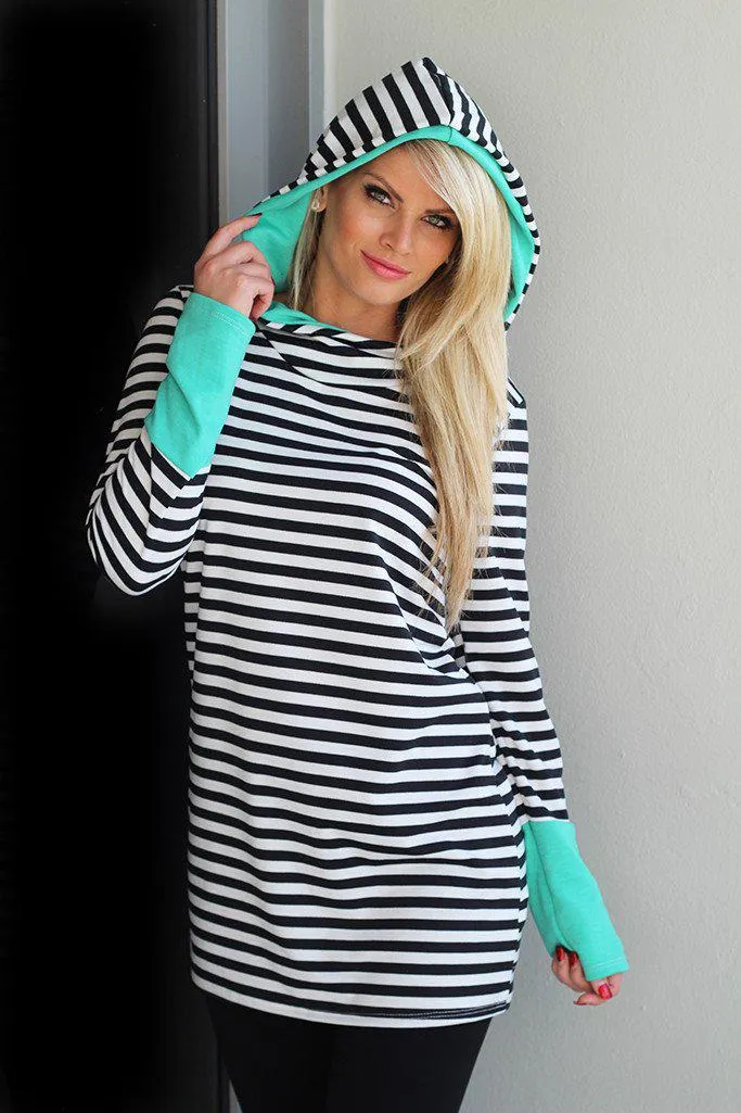 Mint and Black Striped Hooded Tunic