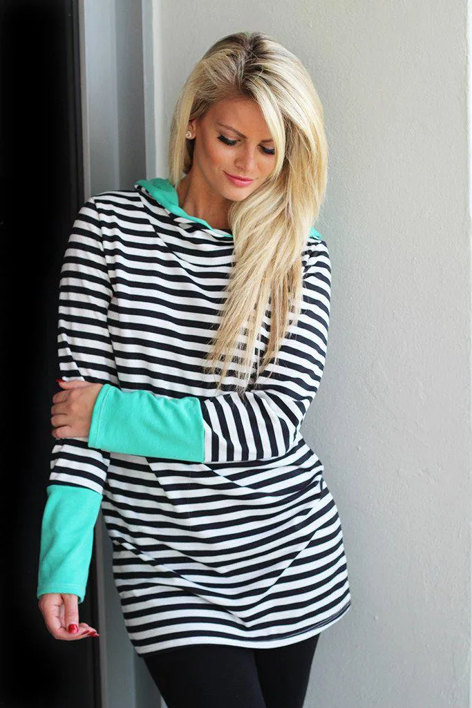 Mint and Black Striped Hooded Tunic