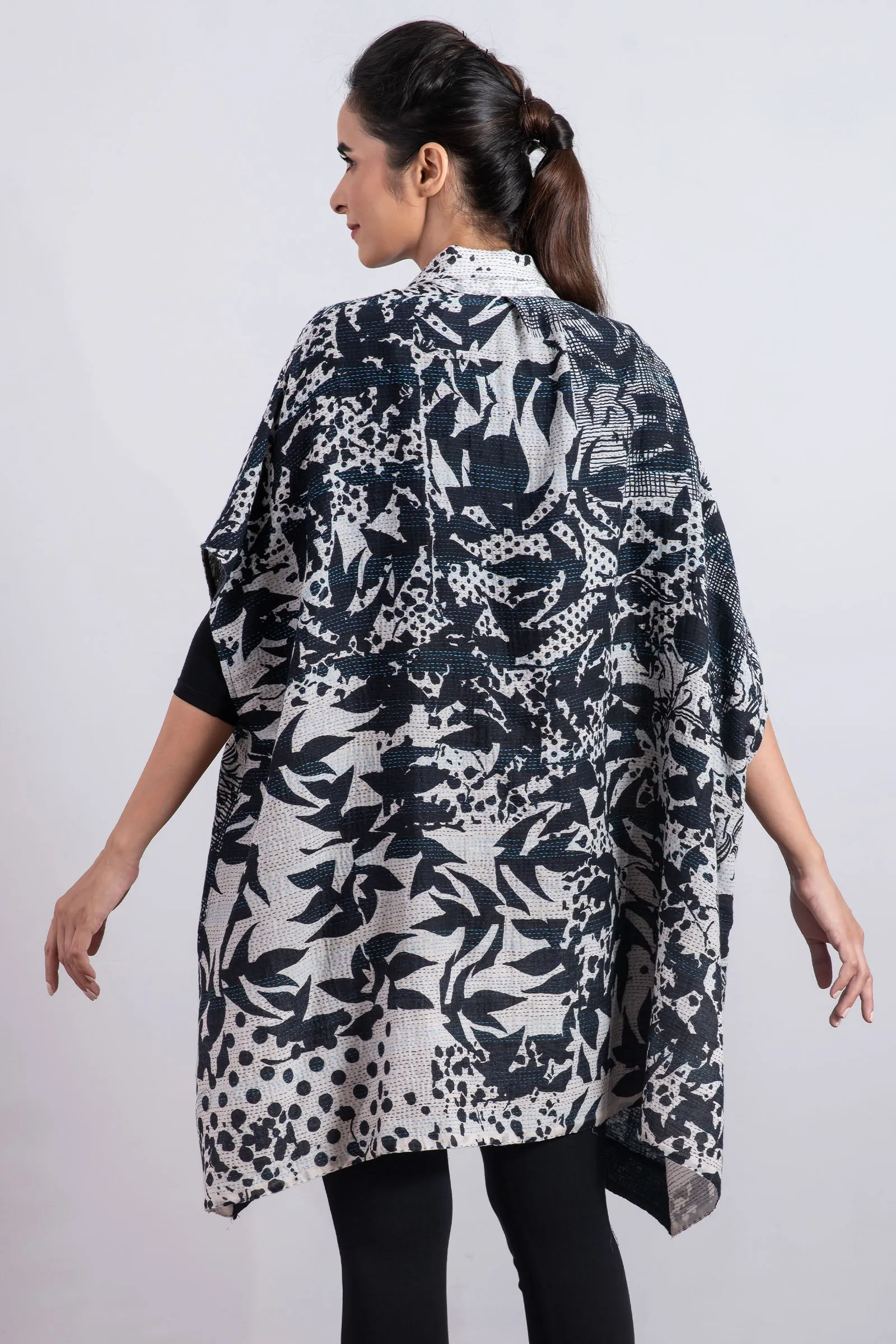 MONOTONE TWILIGHT PRINT KANTHA SHIRT PONCHO