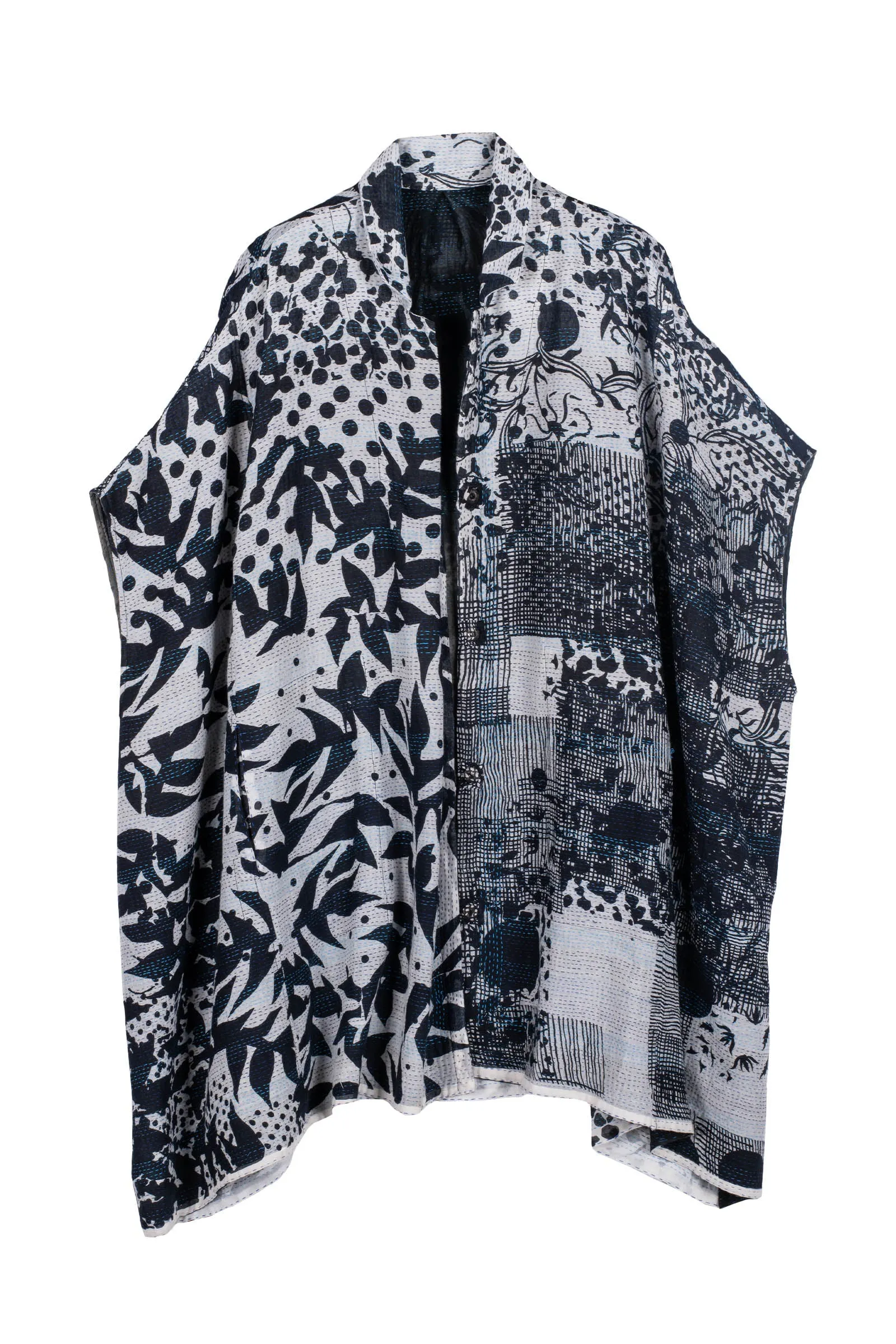 MONOTONE TWILIGHT PRINT KANTHA SHIRT PONCHO