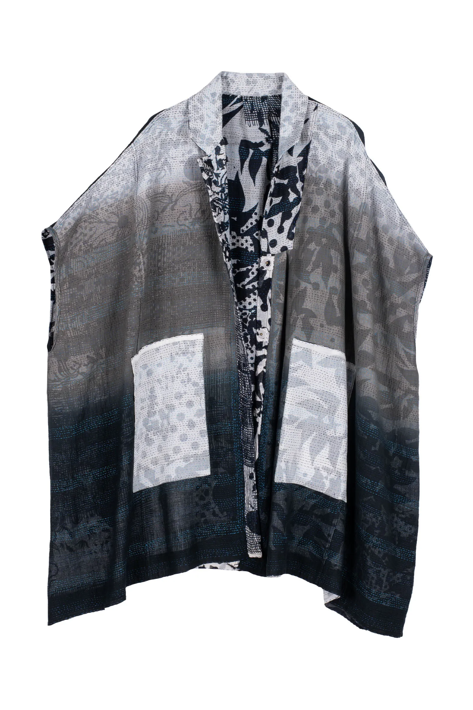 MONOTONE TWILIGHT PRINT KANTHA SHIRT PONCHO