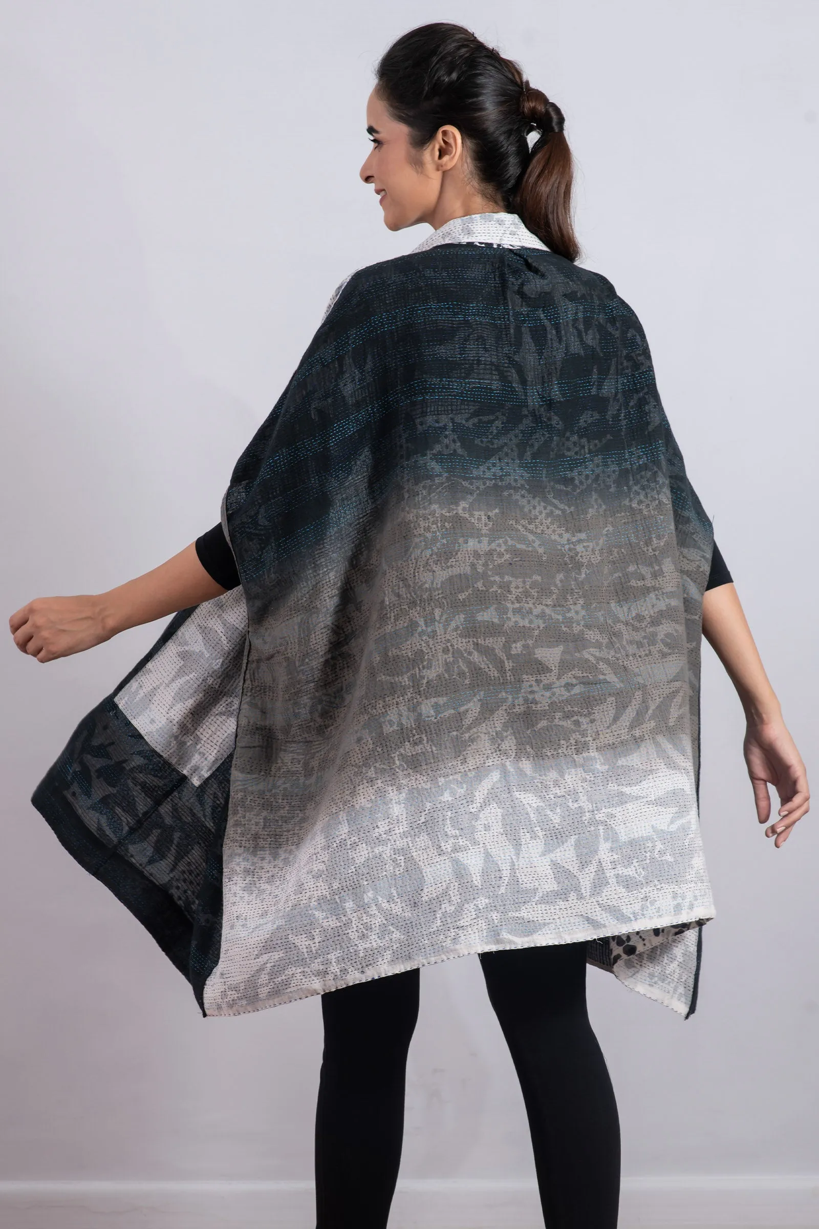 MONOTONE TWILIGHT PRINT KANTHA SHIRT PONCHO