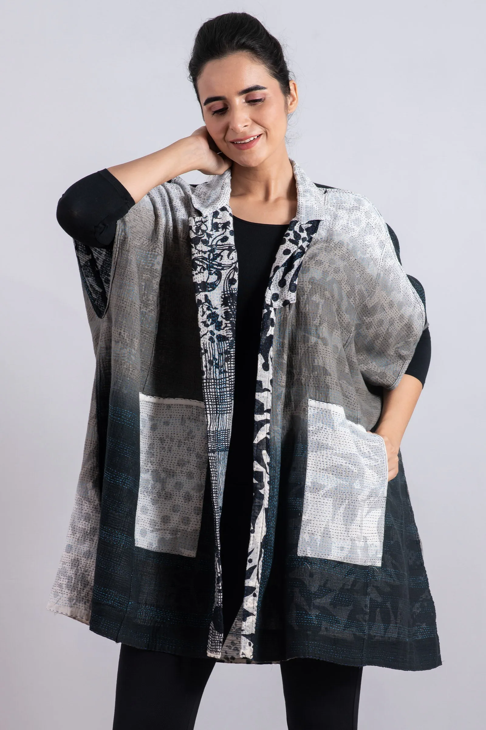 MONOTONE TWILIGHT PRINT KANTHA SHIRT PONCHO